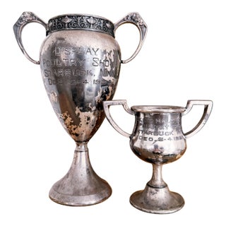 Set of 2 Silverplated Antique Poultry Trophies For Sale
