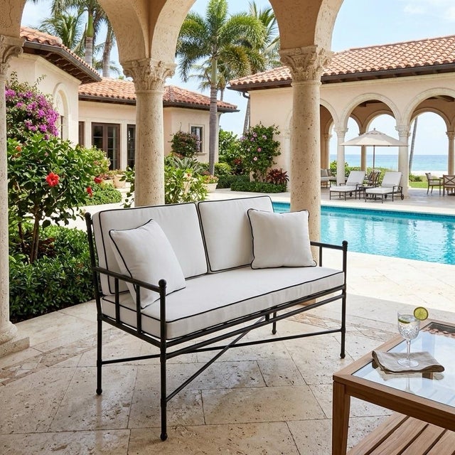 Neoclassical Turkish Powder-Coated Iron Settee With Custom Tailored Cushions For Sale In West Palm - Image 6 of 9