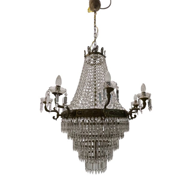 Large Bronze and Crystal Chandelier, 1950s For Sale