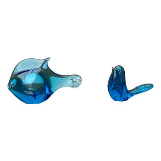 Vintage Swedish Bird and Fish Animal Sculpture in Art Glass from FM Konstglas, Set of 2 For Sale