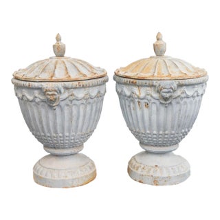 Pair of 19th-Century English Regency Cast Iron Garden Urns From Hamptons Estate For Sale