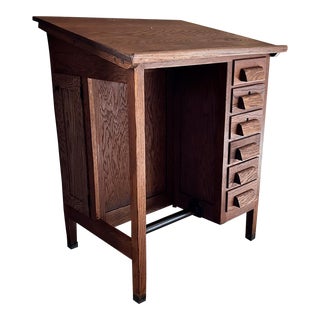 Antique Craftsman Solid Oak Industrial Drafting Table Desk For Sale