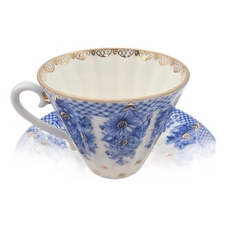 1990s Lomonosov Bridesmaid Basket Cobalt Porcelain Teacup and Saucer For Sale