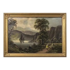 19th Century Folk Art American School Mountainous Seascape With Boat and Figures, Signed (Oil on Canvas)