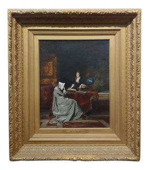 Conrad Kiesel -Private Lessons for an Aristocratic Girl-19th Century Oil Painting