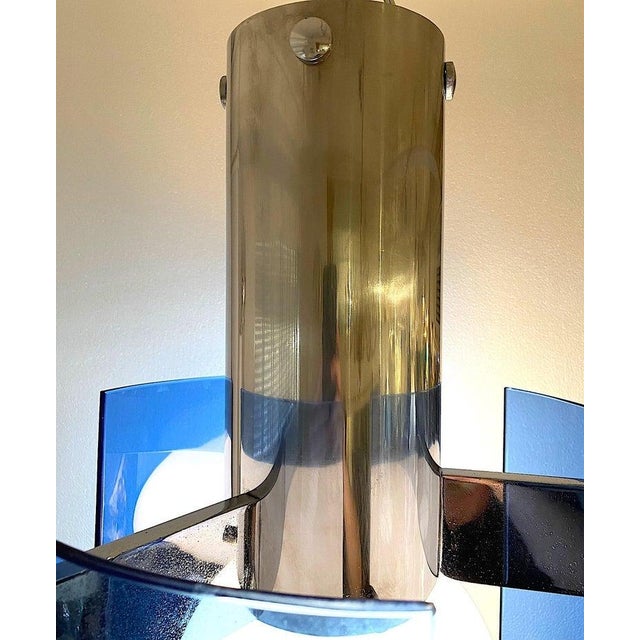 Veca Veca of Italy 1970s Chrome & Blue Glass Panel Pendant or Ceiling Mount Light For Sale - Image 4 of 11