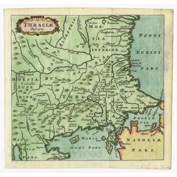 Antique map titled 'Thraciae Descriptio.' Charming miniature map of Thrace, from the pocket atlas 'Introductionis in...