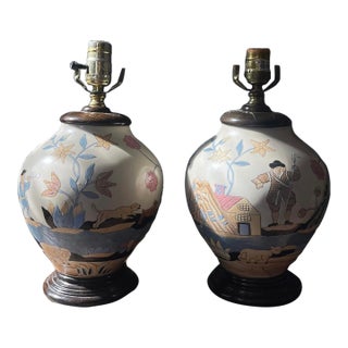 Mid 20th Century Pair of Vintage Naive Hunting Scene Lamps For Sale