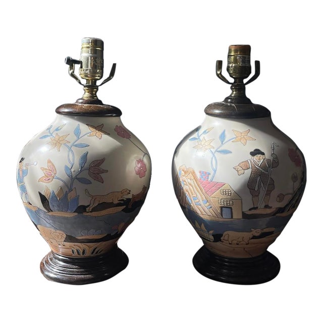 Mid 20th Century Pair of Vintage Naive Hunting Scene Lamps For Sale