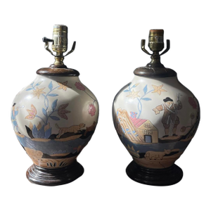 Mid 20th Century Pair of Vintage Naive Hunting Scene Lamps