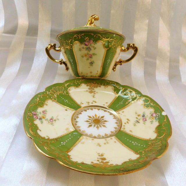 Contemporary 1930s Dresden Covered Two Handle Dessert Cup and Underplate With Raised Gold Trim For Sale - Image 3 of 18