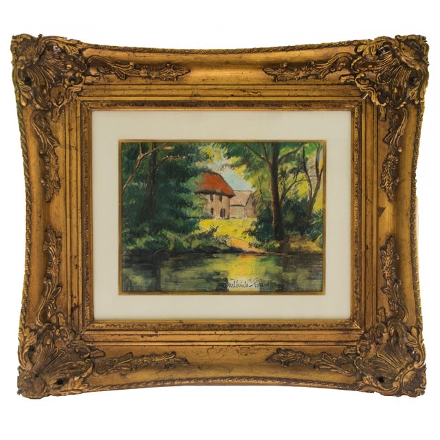 Le Champ de Pommiers, pastel on paper by Paul-Émile Pissarro (1884–1972). Depicts a rural landscape with a cottage set...