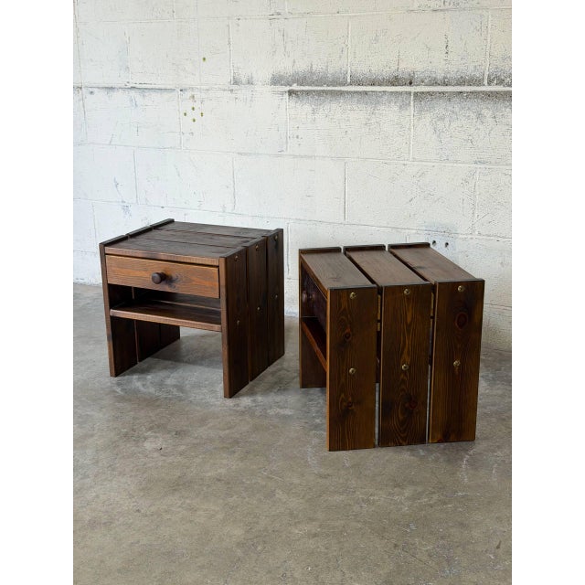 Oak Nightstands Side Tables Set of 2 Rustic Brutalist Vintage Mid-Century Modern 1970s For Sale - Image 11 of 11