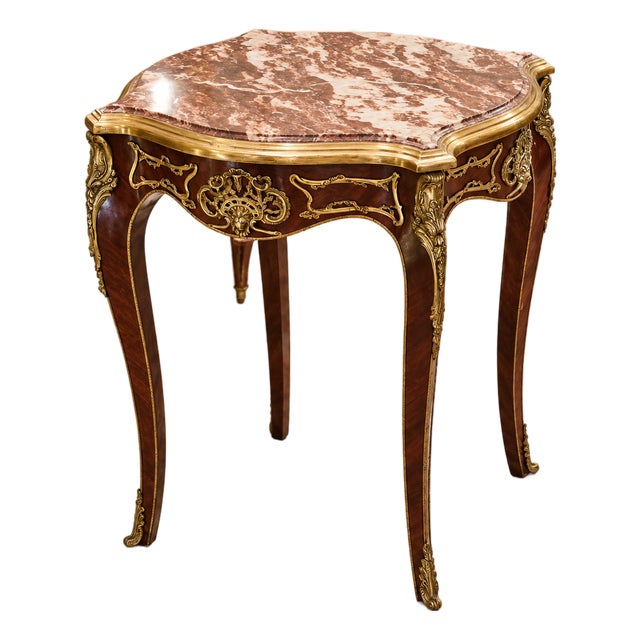 French-Style Marble Accent Table – Multicolor Stone Top With Ornate Gilded Bronze Details For Sale