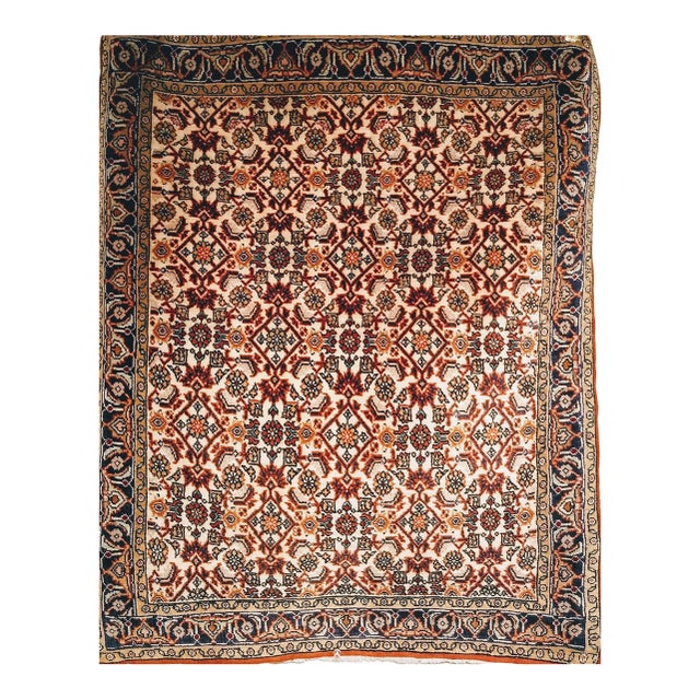 Vintage Persian Qum Square Accent Rug, Hand-Knotted Wool, Allover Geometric Pattern, 2x2, Ivory & Navy For Sale