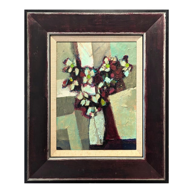 David Adickes "Cubist Bouquet" Modern Teal and Maroon Abstract Floral Still Life Painting, 2006 For Sale