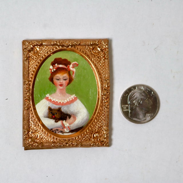 Mid-Century Miniature Portrait of Young Woman With Dog Signed Austin in Pressed Filagree Metal Frame For Sale - Image 10 of 11