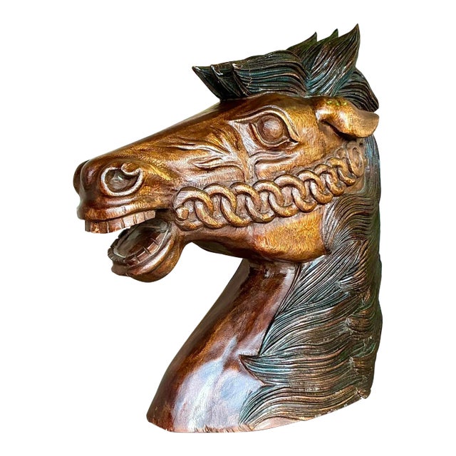 Vintage Boho Carved Wood Horse Head For Sale