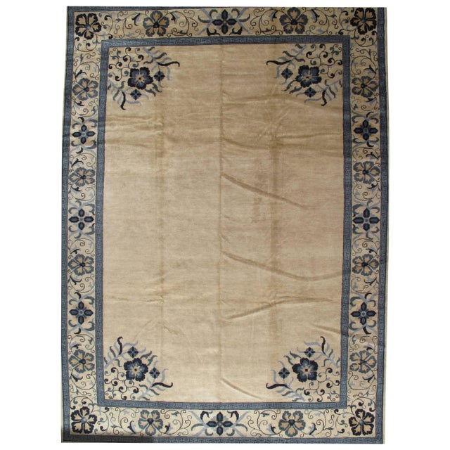 Vintage Chinese Carpet, Tan and Blue Carpet, Handmade Wool Rug For Sale - Image 15 of 18