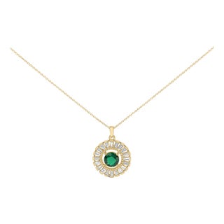 14K Yellow Gold Plated Silver Lab Grown Emerald and Diamond Sunburst Medallion Pendant Necklace For Sale