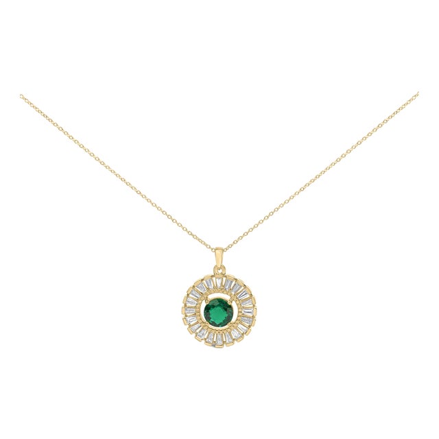 14K Yellow Gold Plated Silver Lab Grown Emerald and Diamond Sunburst Medallion Pendant Necklace For Sale