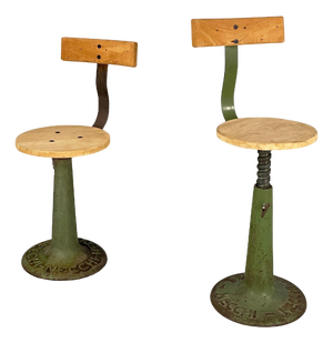 Set of Italian Industrial Stools with Height-Adjustable Metal and Wood by Necchi, 1920s