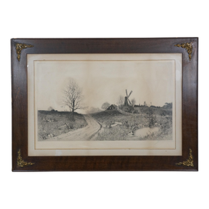 Late 19th Century Antique George William Bohde Dutch Windmill Country Landscape Etching 36"
