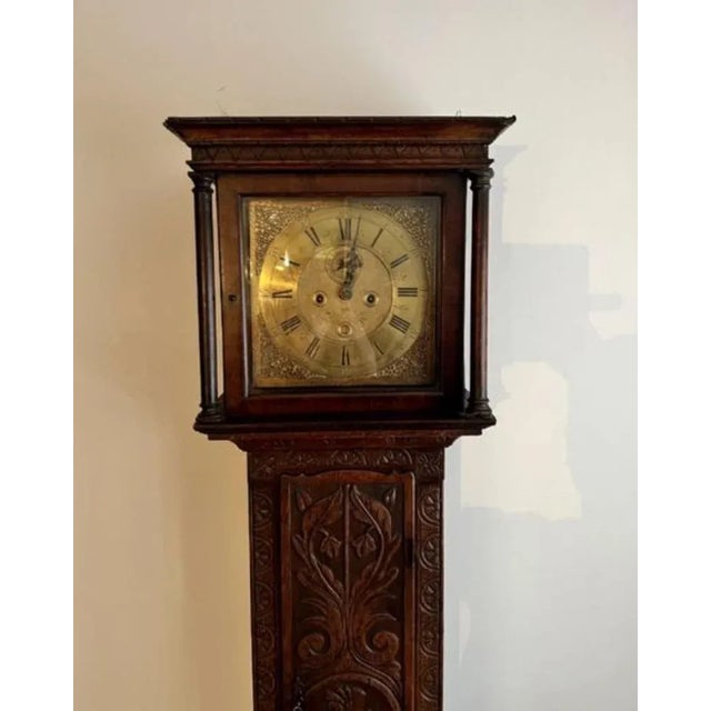 Brown Antique George III Quality Carved Oak & Brass Face Longcase Clock, 1880s For Sale - Image 8 of 9