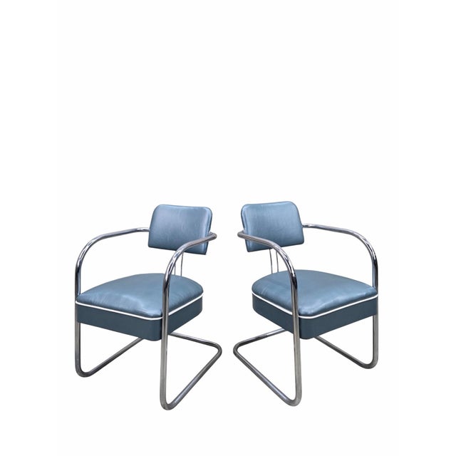 Art Deco Cantilever Chairs Attributed to Kem Weber Newly Upholstered in Holly Hunt Teal Metallic Full Grain Leather with...