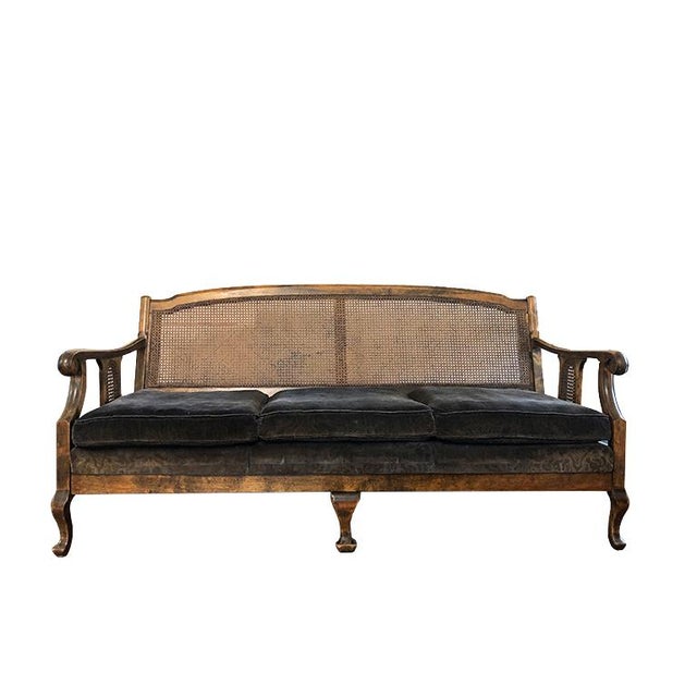 1900s Chippendale Colonial Style Cane Back Carved Wood Blue Fortuny Style Velvet Fabric Settee Antique Sofa or Daybed For Sale - Image 10 of 10