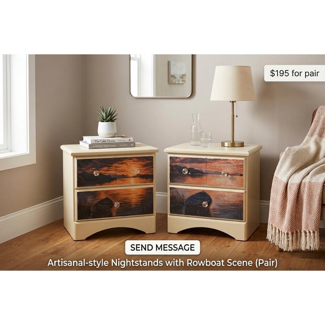 Transform your bedroom or guest room with this charming pair of custom-finished nightstands featuring a serene sunset...