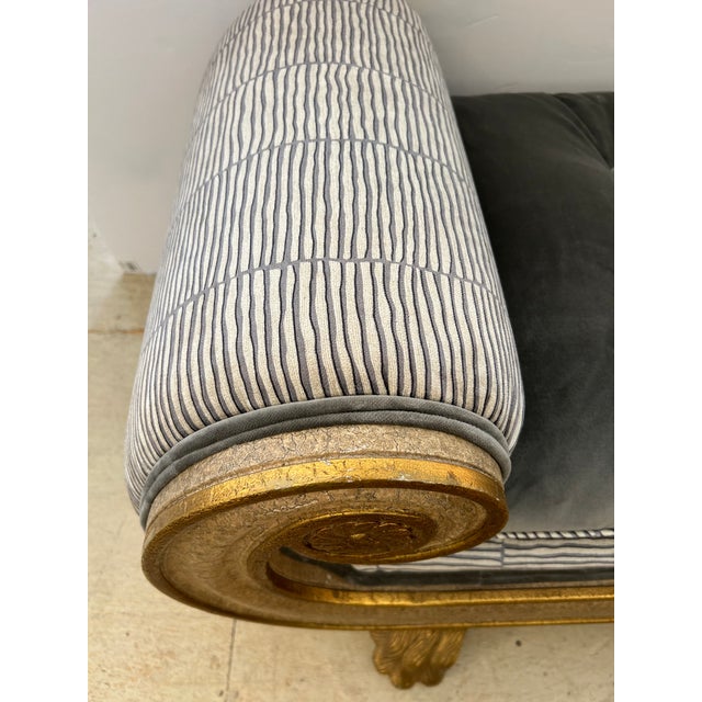 Sublimely sexy small neoclassical chaise longue having marbleized and gilded frame with scroll arms 24.5 h and impressive...