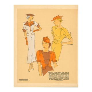 1930s Très Parisien – Tailored Spring Fashions in Orange, Brown & White – Original French Pochoir Print For Sale