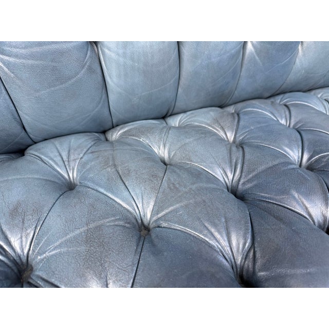 Vintage Blue Leather Camelback Chesterfield Sofa For Sale - Image 16 of 18
