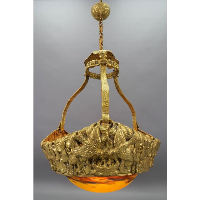 Art Deco French Brass Chandelier with Yellow Pâte De Verre Glass by Degué, 1930s For Sale - Image 3 of 18