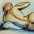 French gouache painting of a reclined nude female figure from the back and surrounded in soothing blue hues, circa 1950....