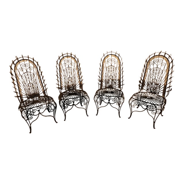 Mid 20th Century John Salterini High-Back Hearts Peacock Wrought Iron Chairs, Attributed For Sale