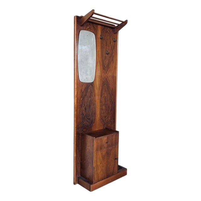 Mid-Century Modern Walnut Hall Stand with Mirror and Umbrella Stand and Shoe Cabinet, 1960s For Sale
