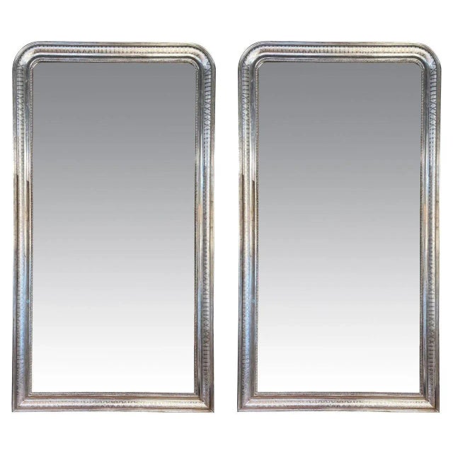 Silver Mid 20th Century Large Scale Silver Leaf Louis Philippe Mirrors With X Pattern- a Pair For Sale - Image 8 of 8