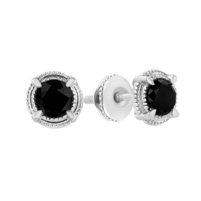 Early 21st Century Black Rhodium Plated .925 Sterling Silver Round 1/2 cttw Diamond Double Halo 4-Prong Solitaire Milgrain Stud Earrings (H-I Color, I2-I3 Clarity) For Sale - Image 5 of 7