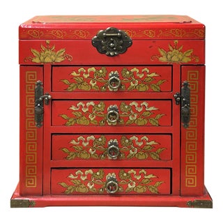 Chinese Oriental Red Dragon Phoenix Mirror Rectangular Jewelry Box For Sale