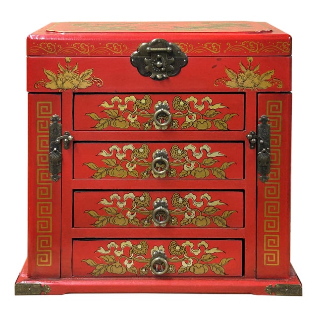 Chinese Oriental Red Dragon Phoenix Mirror Rectangular Jewelry Box For Sale