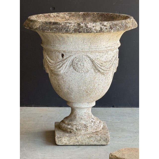 English English Garden Stone Urn or Planter Pot With Garland Motif For Sale - Image 3 of 13