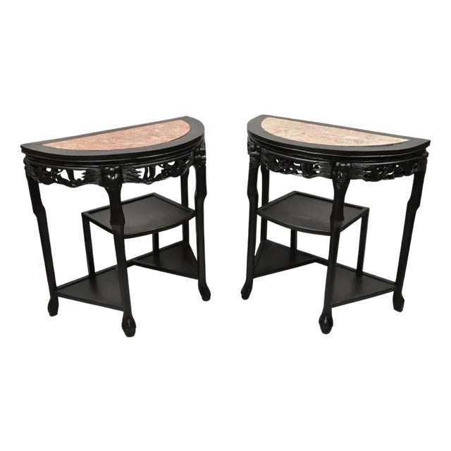 Vintage Chinese Chinoiserie Black Demilune Pink Marble Console Table - A Pair For Sale