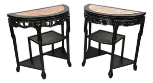 Vintage Chinese Chinoiserie Black Demilune Pink Marble Console Table - A Pair