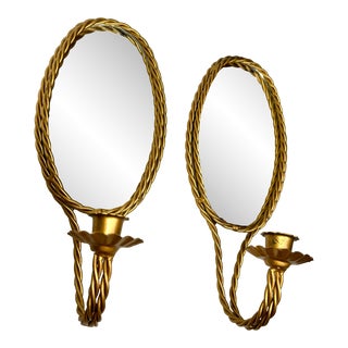 Hollywood Regency Double Braided Rope Oval Mirrored Candle Sconces- a Pair For Sale