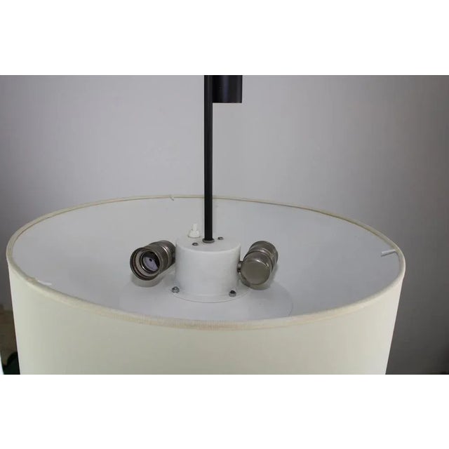 Shade newly covered with lampshade silk, adjustable in height by means of weight and cable, so-called train chandelier,...