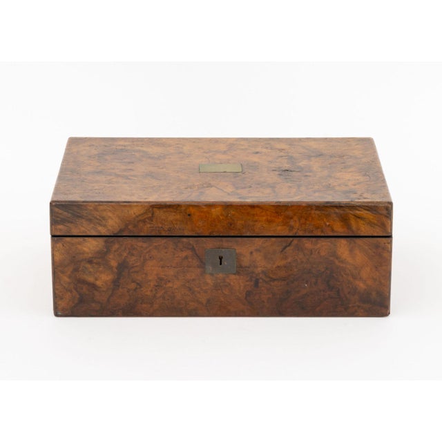 Victorian Burl Walnut Writing Box, the cover opening to green felt covered writing surface, two inkwells, and storage...
