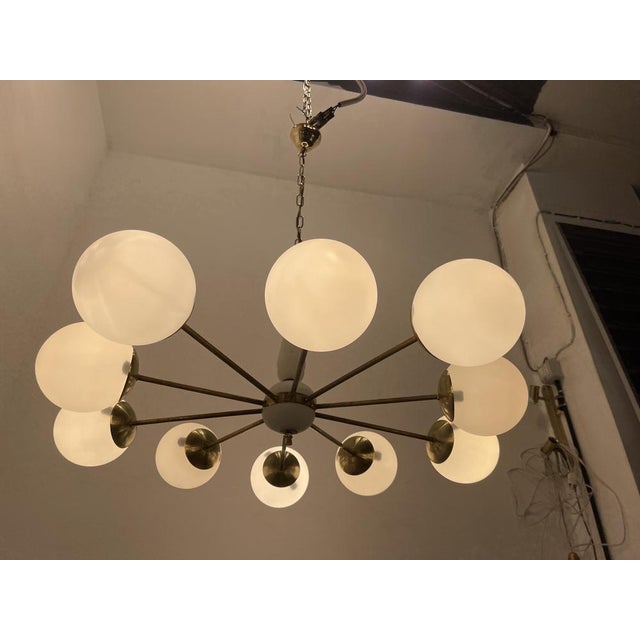 Sputnik 10-Light Chandelier in Opaline Glass and Brass, 1960s For Sale - Image 4 of 13