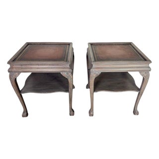 Pair of Distressed English Chippendale End Tables, Leather Tops, 1930s For Sale